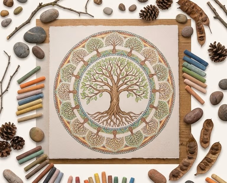 A tree-of-life mandala drawn in a workshop, surrounded by the pastels, pine cones and stones used to make it